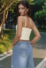 Off White Padded Lace Cami Crop Top - Image 3